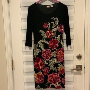 Chico's Black and Pink Sheath Midi Dress 3/4 Sleeve Crew Neck Cocktail